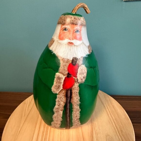 Vintage Hand Painted Painted Santa Claus Gourd Decoration Green Multi 13 1/2"
